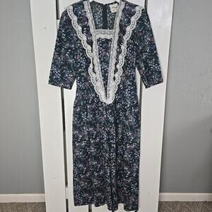 Robin Gayle VTG Prairie Cottagecore Green Floral Lace Maxi Dress Size 11 Small